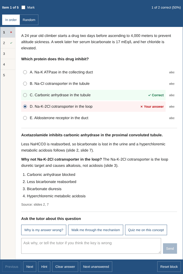 A practice question on acetazolamide with the correct answer, the explanation citing slides 2 and 7, and the tutor below